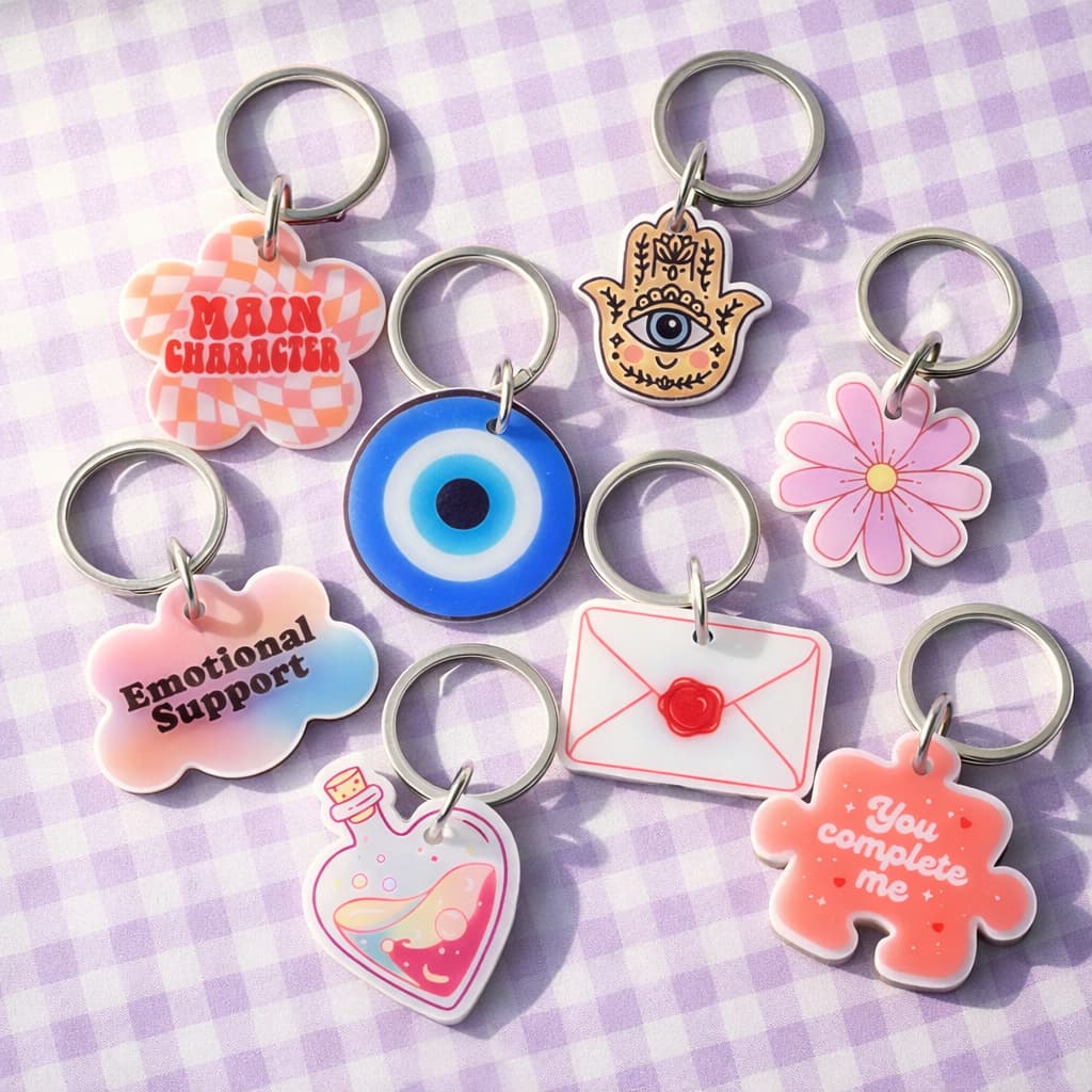 Aesthetic QR dog ID tags — Evil Eye, Main Character, Emotional Support