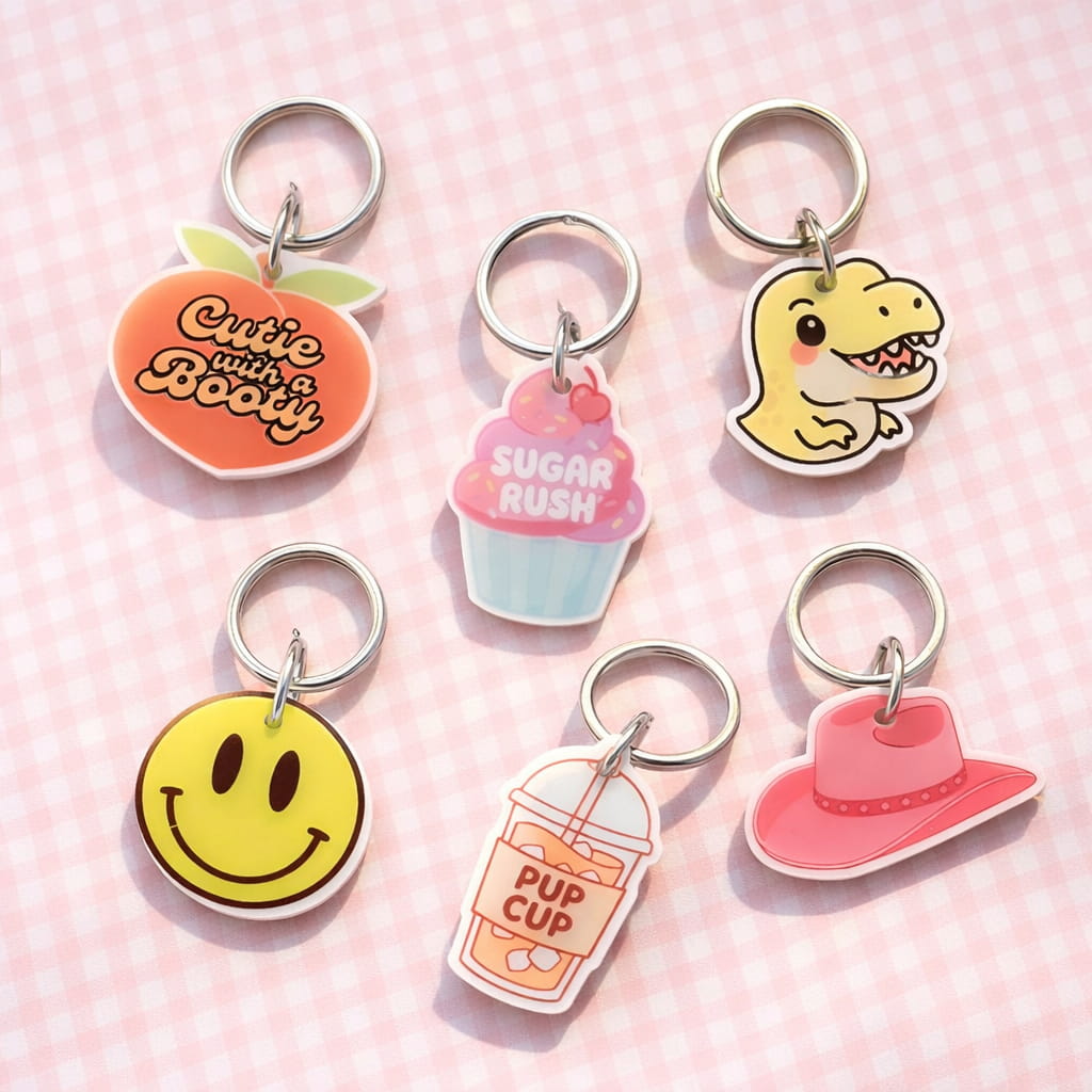 Cute QR dog ID tags — peach, cupcake, dinosaur, smiley designs